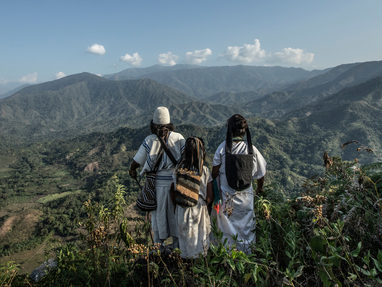 Trois Indiens Kogis regardant les montagnes.