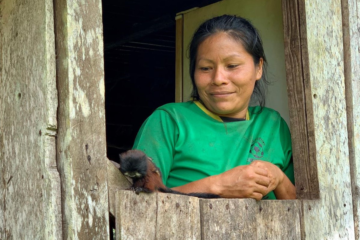 A Kichwas woman with a little monkey. 